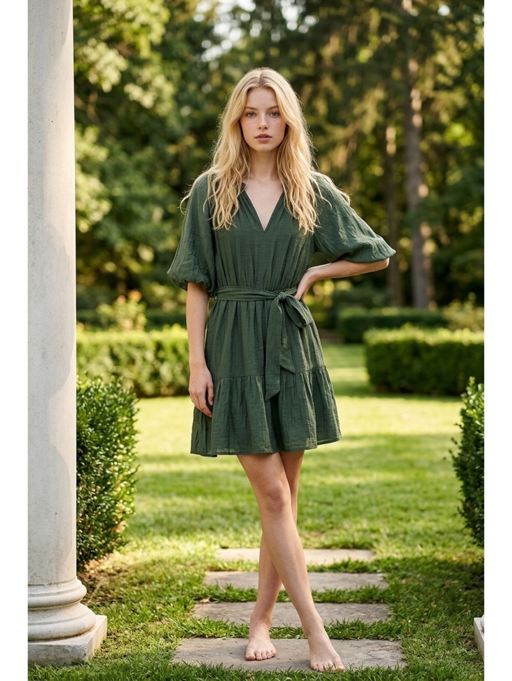 MNG Olive Green Puff Sleeve V-Neck Mini Dress with Waist Tie, Size Small